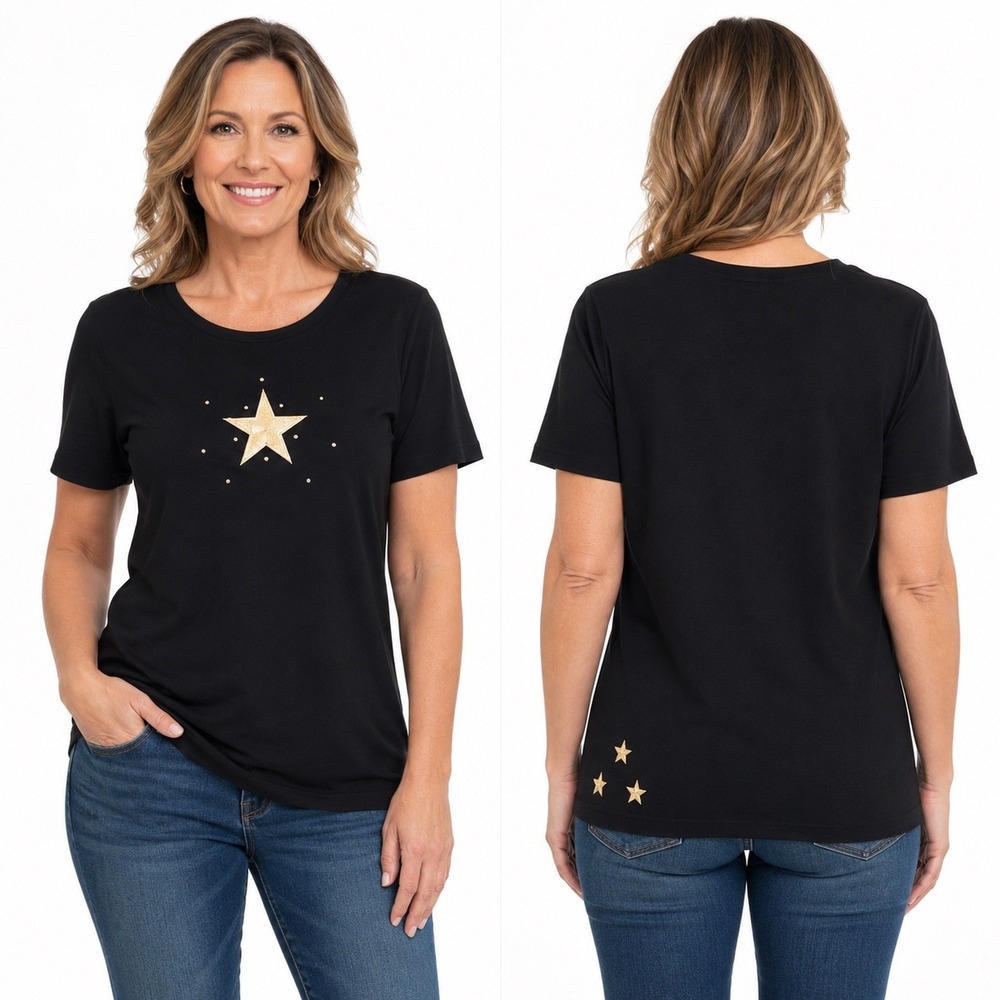 The Quacker Factory Black Gold Star Rhinestone Embroidered Cotton Tee Shirt L